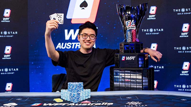 Richard Lee with arm around Mike Sexton WPT Champions Cup after winning 2023 WPT Australia