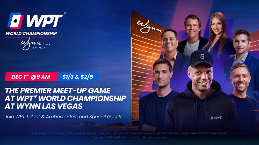 Phil Ivey, Brad Owen, Andrew Neeme, Matt Savage, Vince Van Patten, Lynn Gilmartin and Tony Dunst in front of Wynn Las Vegas